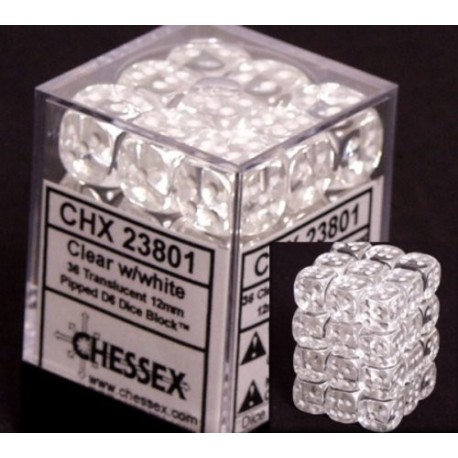 Translucent 12mm d6 Clear/white Dice Block (36 dados)