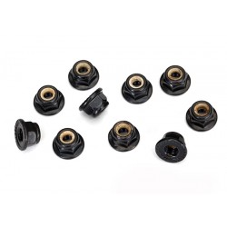 Nuts, 4mm flanged nylon locking, serrated (black) (10)